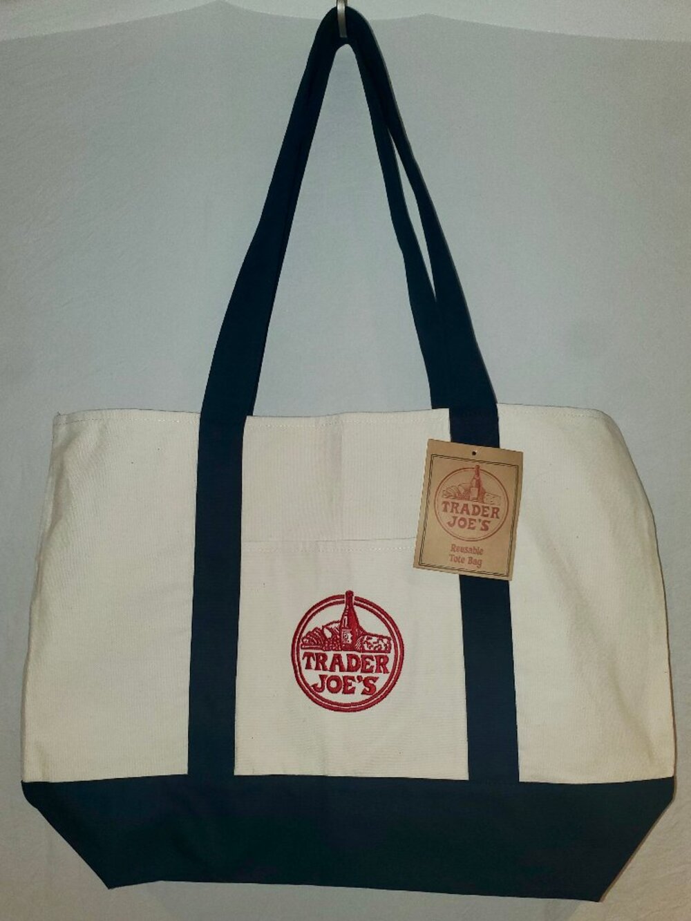 Trader Joe’s Cream Navy Red Logo Canvas Tote Bag